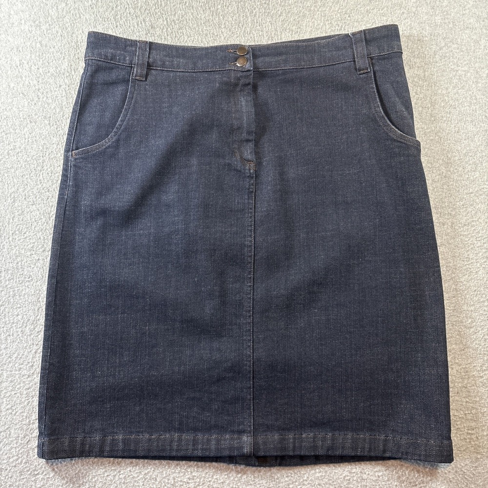 Eileen Fisher Dark Wash Denim Skirt Sz M Womens Single Back Slit Mid Pockets